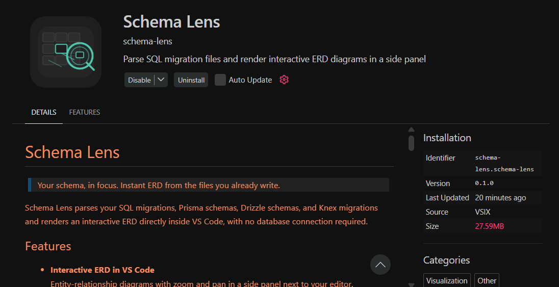 Schema Lens running inside VS Code — ERD panel open alongside SQL schema